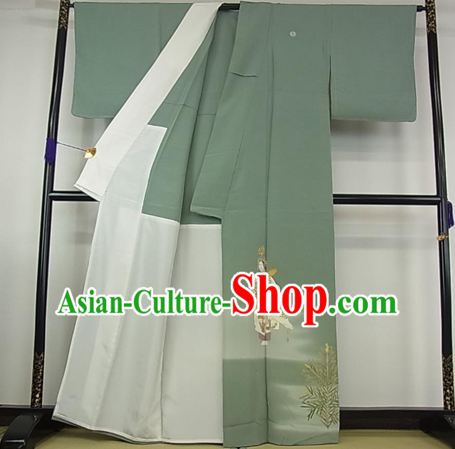 Japanese Female Green Yukata Dress Traditional Festival Clothing Classical Palace Lady Pattern Tsukesage Kimono