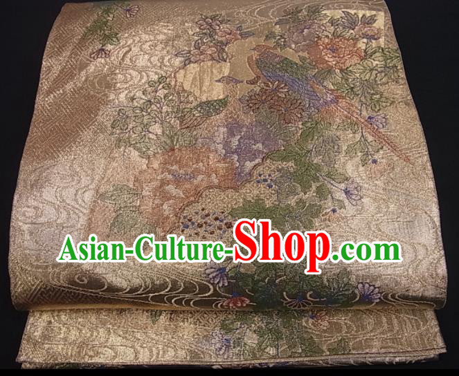 Traditional Japanese Classical Peacock Pattern Kimono Belt Handmade Nishijin Tapestry Waistband Yukata Robe Light Golden Brocade Girdle Accessories