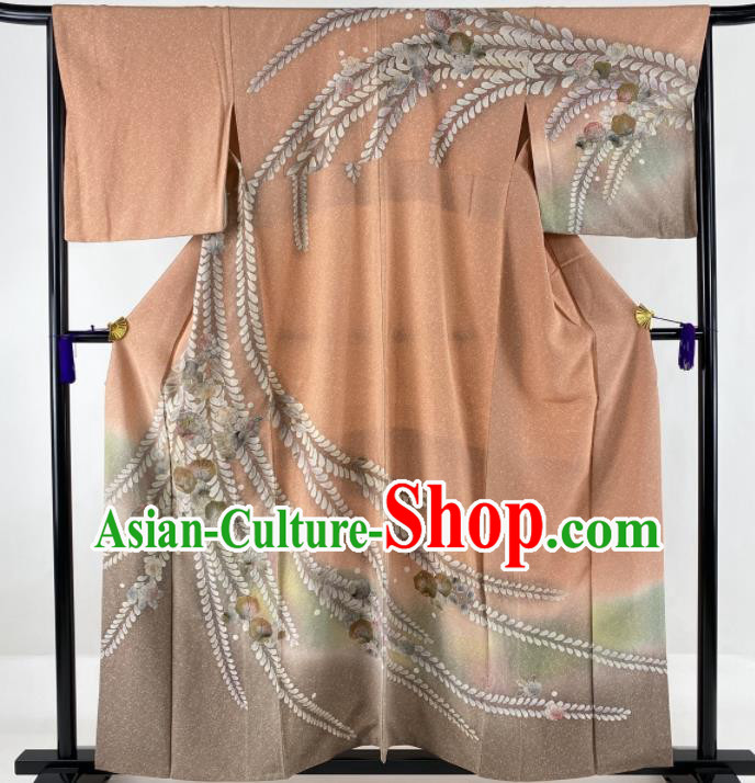 Japanese Traditional Court Clothing Classical Flowers Pattern Tsukesage Kimono Costume Young Woman Orange Yukata Dress