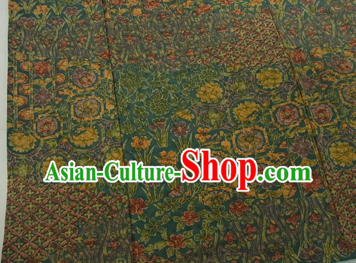 Japanese Classical Flowers Pattern Tsukesage Kimono Female Deep Green Yukata Dress Traditional Festival Clothing