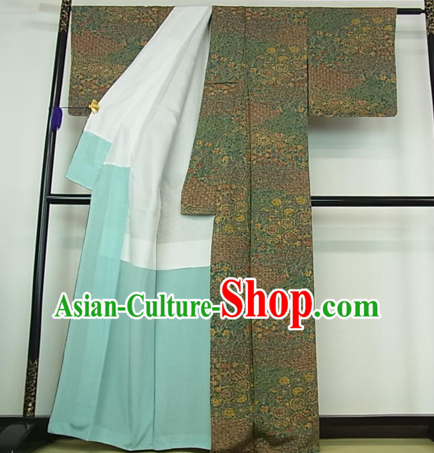 Japanese Classical Flowers Pattern Tsukesage Kimono Female Deep Green Yukata Dress Traditional Festival Clothing