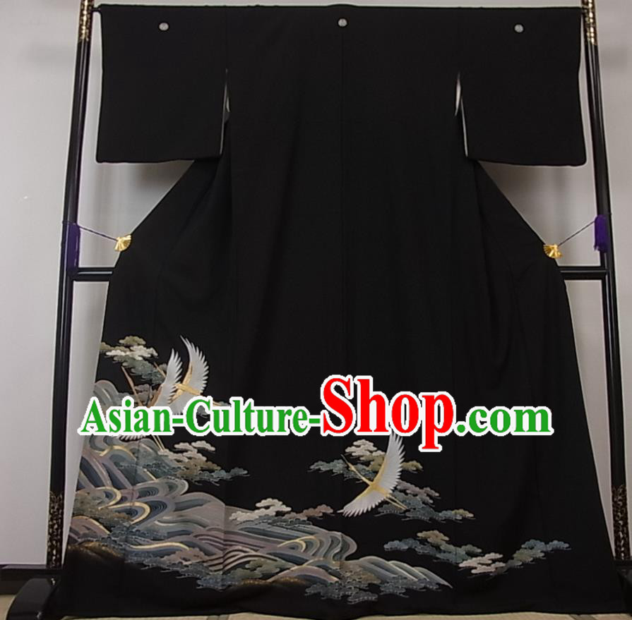 Japanese Traditional Festival Clothing Classical Cranes Pattern Kurotomesode Kimono Elderly Woman Black Yukata Dress