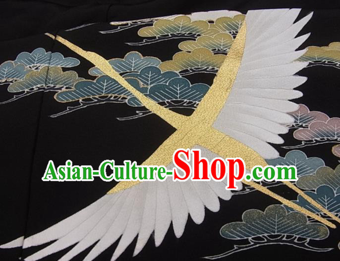Japanese Traditional Festival Clothing Classical Cranes Pattern Kurotomesode Kimono Elderly Woman Black Yukata Dress