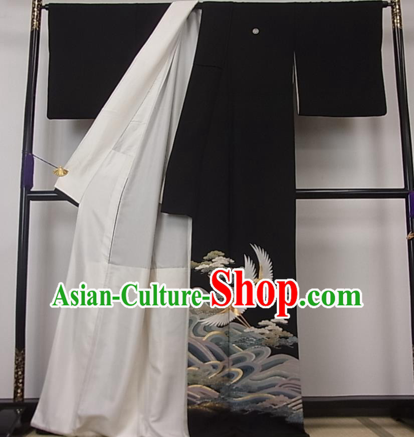 Japanese Traditional Festival Clothing Classical Cranes Pattern Kurotomesode Kimono Elderly Woman Black Yukata Dress