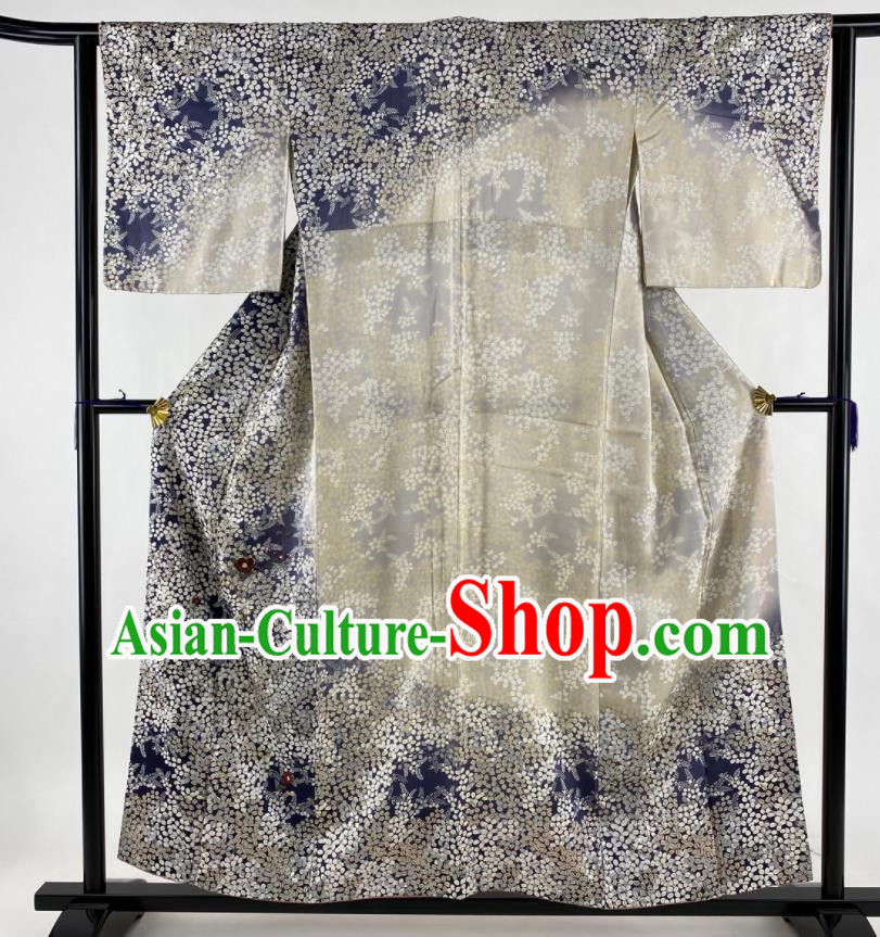 Japanese Classical Sakura Pattern Tsukesage Kimono Costume Noble Woman Navy Yukata Dress Traditional Ceremony Clothing