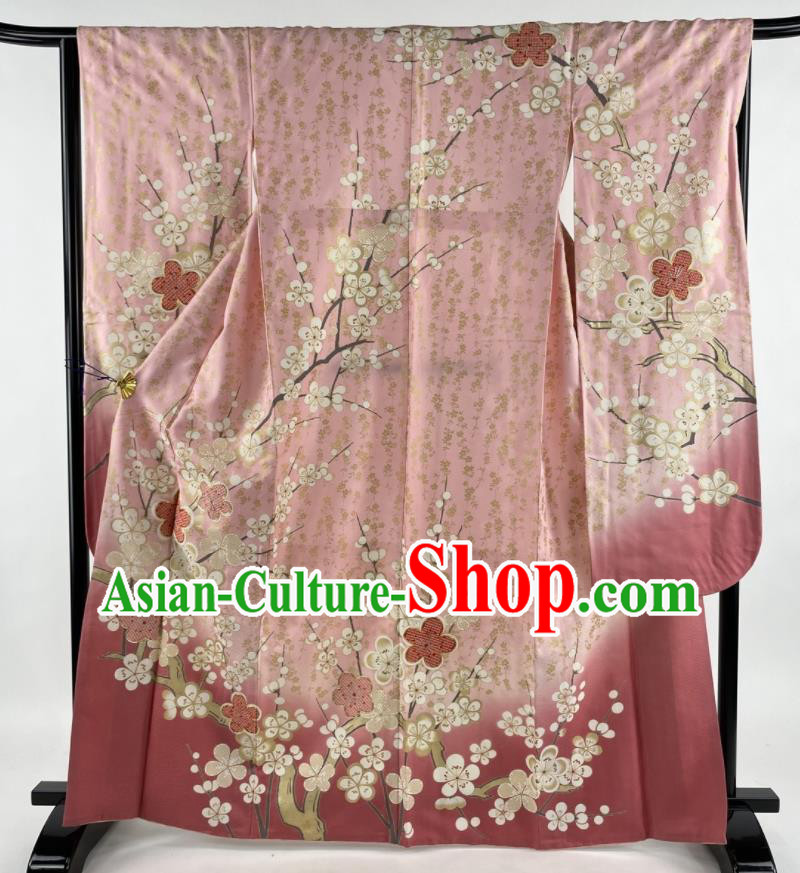 Japanese Traditional Ceremony Clothing Classical Plum Blossom Pattern Furisode Kimono Costume Wedding Bride Pink Silk Yukata Dress