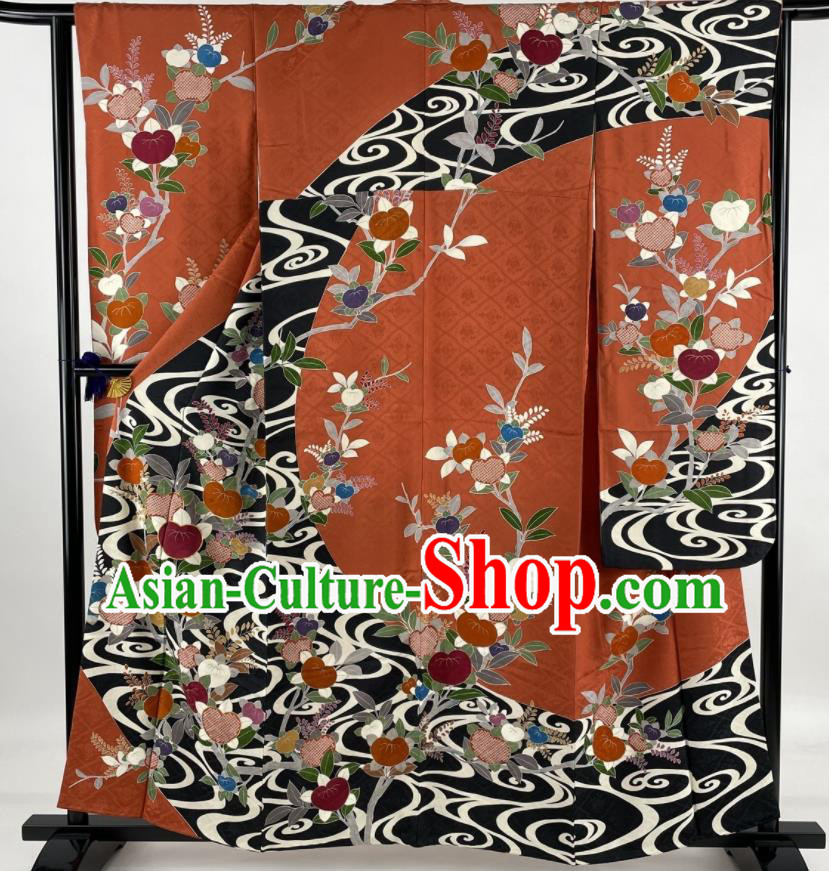 Japanese Classical Cherry Pattern Furisode Kimono Costume Wedding Bride Red Yukata Dress Traditional Ceremony Clothing