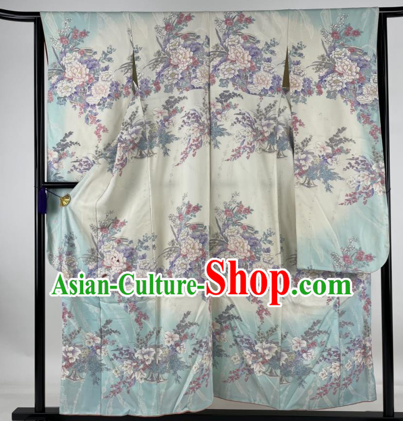 Japanese Traditional Wedding Clothing Classical Peony Pattern Furisode Kimono Costume Young Woman Silk Yukata Dress