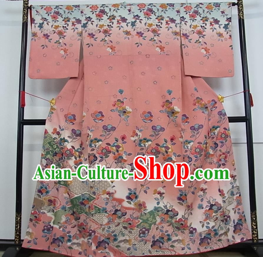Japanese Traditional Festival Clothing Classical Primrose Pattern Tsukesage Kimono Costume Court Woman Pink Silk Yukata Dress