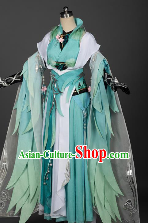 Chinese Ancient Swordswoman Costumes Traditional Cosplay Female Knight Green Hanfu Dress