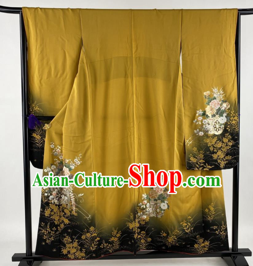Japanese Geisha Performance Ginger Yukata Dress Traditional Wedding Bride Clothing Classical Wheel Flowers Pattern Furisode Kimono Costume