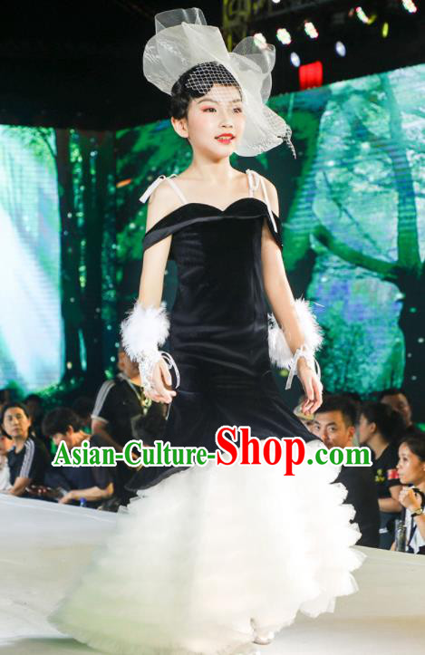 Custom Children Princess Fashion Modern Dance Black Velvet Clothing Girl Catwalks Garment Costumes Stage Show Veil Fishtail Full Dress