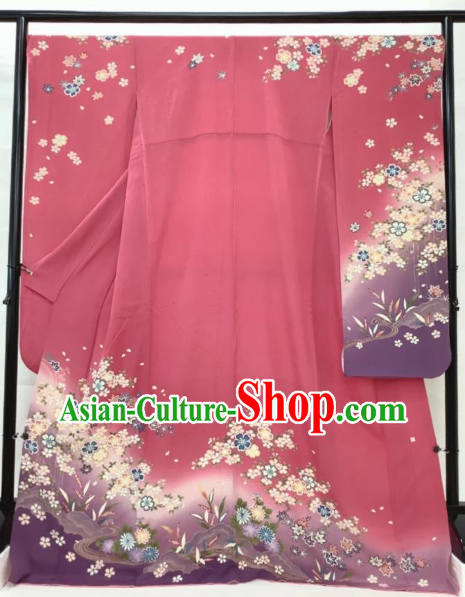 Japanese Classical Flowers Pattern Furisode Kimono Costume Young Lady Pink Silk Yukata Dress Traditional Court Queen Clothing