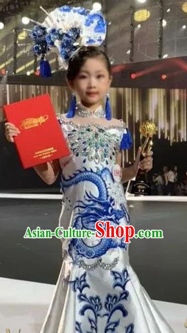 Chinese Children Performance White Qipao Dress Stage Show Fashion Girl Catwalk Clothing Compere Garment Costume