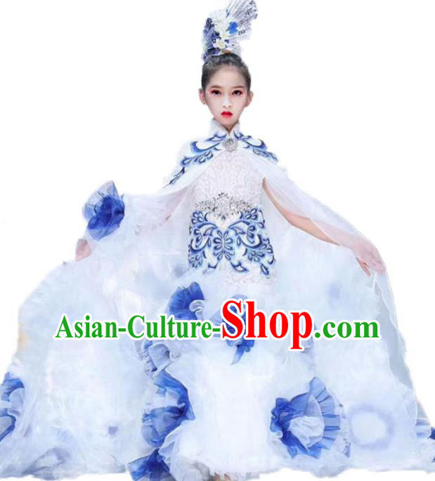 Chinese Compere Garment Costume Children Performance White Qipao Dress Stage Show Fashion Girl Catwalk Clothing