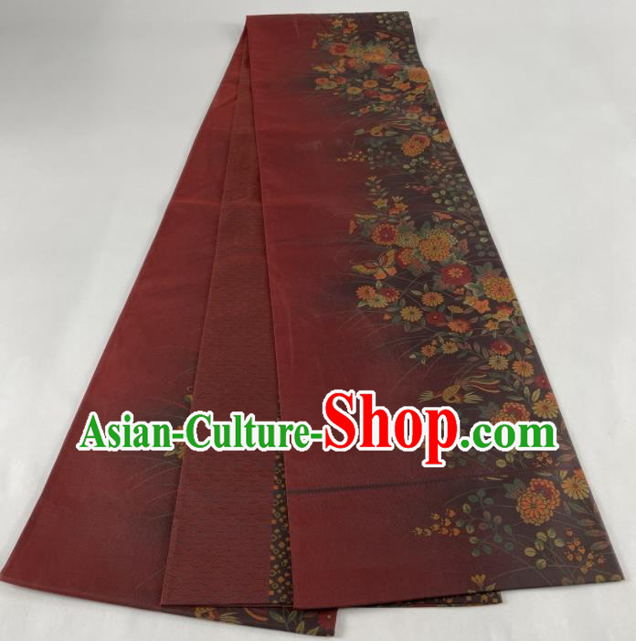 Japanese Traditional Yukata Robe Nishijin Girdle Accessories Classical Chrysanthemum Pattern Kimono Belt Handmade Dark Red Brocade Waistband