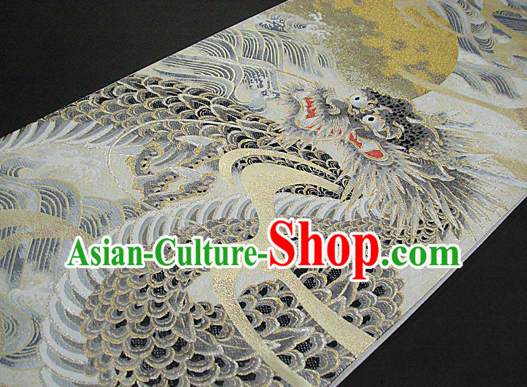 Japanese Handmade Kimono Nishijin Waistband Traditional Yukata Robe Girdle Accessories Classical Dragon Pattern White Brocade Belt