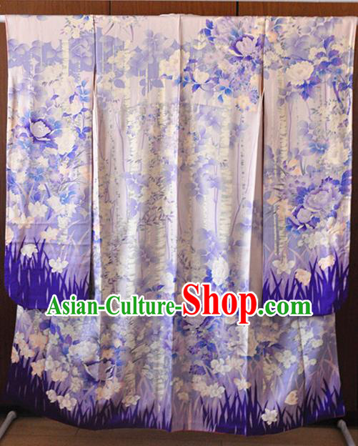 Japanese Classical Orchids Peony Pattern Furisode Kimono Costume Court Empress Purple Silk Yukata Dress Traditional Wedding Bride Clothing
