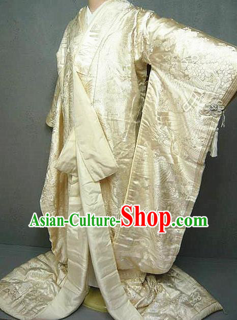 Japanese Traditional Wedding Bride Clothing Classical Embroidered Cranes Pattern Shiromuku Kimono Costume Court Empress White Silk Yukata Dress