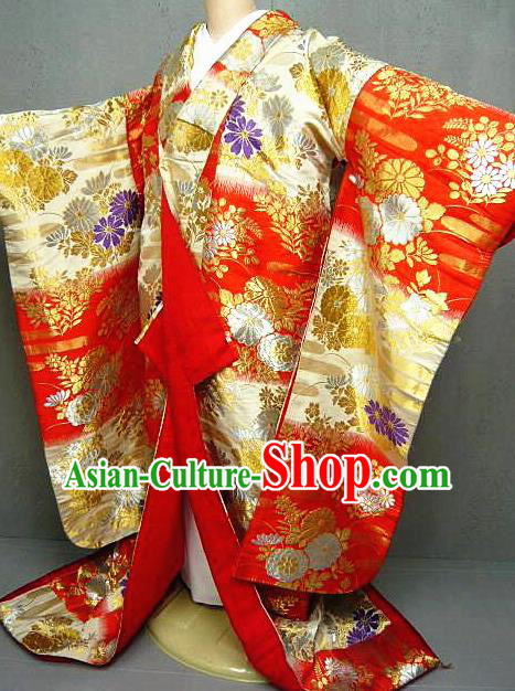 Japanese Court Empress Red Silk Yukata Dress Traditional Wedding Bride Clothing Classical Embroidered Chrysanthemum Pattern Uchikake Kimono Costume