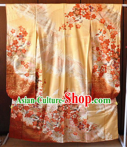Japanese Classical Embroidered Plum Pattern Furisode Kimono Costume Court Empress Golden Silk Yukata Dress Traditional Wedding Bride Clothing