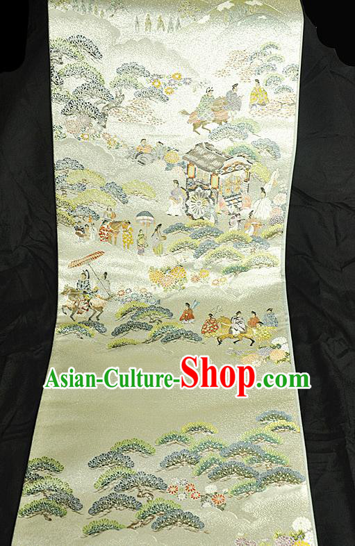 Japanese Handmade Kimono Nishijin Waistband Traditional Yukata Robe Girdle Accessories Classical Heian Pattern Light Golden Brocade Belt