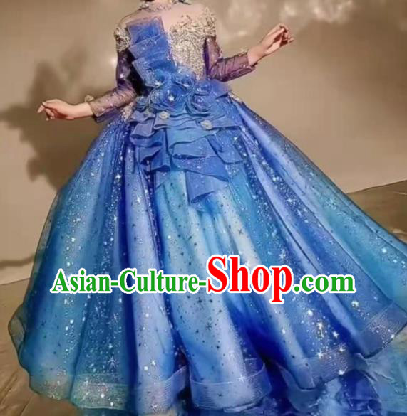 Custom Baroque Princess Fashion Modern Dance Formal Clothing Girl Catwalks Garment Costumes Stage Show Blue Dress