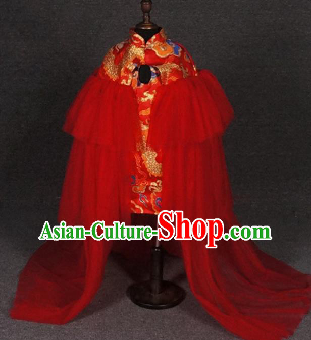 Chinese Girl Catwalk Clothing Zither Performance Garment Costume Children Compere Red Qipao Dress Stage Show Fashion
