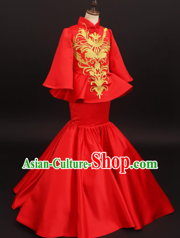 Chinese Children Compere Red Fishtail Dress Stage Show Fashion Girl Catwalk Clothing Classical Dance Garment Costume