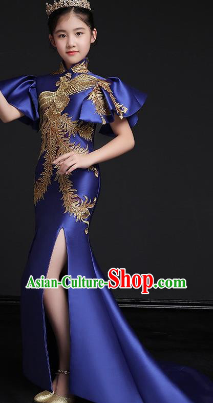 Chinese Classical Dance Garment Costume Children Compere Royalblue Full Dress Stage Show Fashion Girl Catwalk Embroidered Phoenix Clothing
