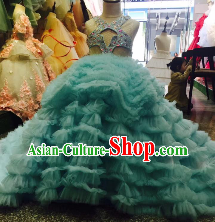 Custom Baroque Princess Fashion Piano Recital Clothing Children Catwalks Garment Costume Christmas Performance Blue Veil Trailing Full Dress