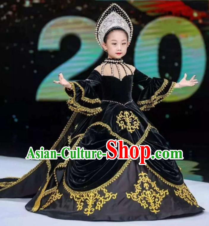 Custom Christmas Performance Black Velvet Full Dress Victorian Princess Fashion Piano Recital Clothing Children Catwalks Garment Costume