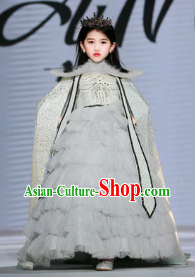 Custom European Princess Grey Veil Full Dress Girl Piano Recital Fashion Modern Dance Clothing Children Catwalks Garment Costume