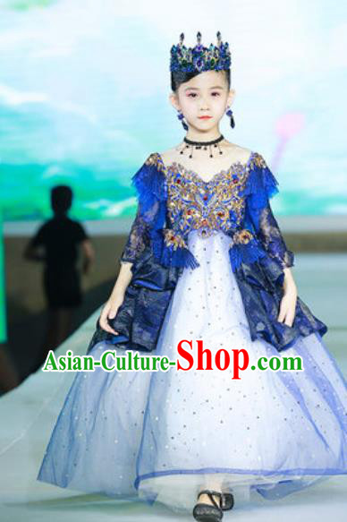 Custom Modern Dance Clothing Children Catwalks Garment Costume Baroque Princess Blue Full Dress Girl Piano Recital Fashion