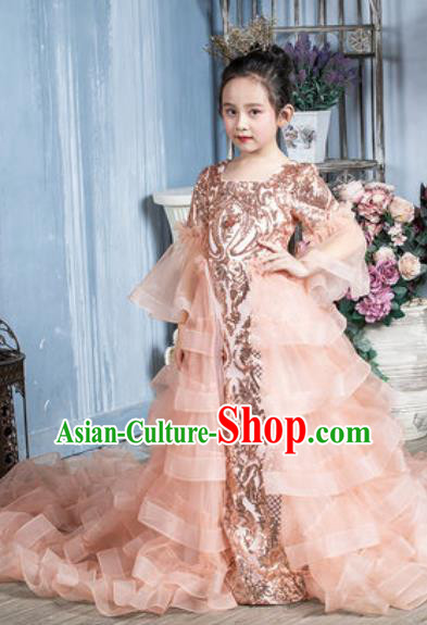 Custom Children Catwalks Garment Costume Baroque Princess Pink Trailing Full Dress Girl Piano Recital Fashion Modern Dance Clothing