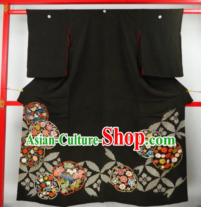 Japanese Traditional Ceremony Garment Costume Married Woman Black Yukata Dress Classical Petunia Pattern Kurotomesode Kimono Clothing