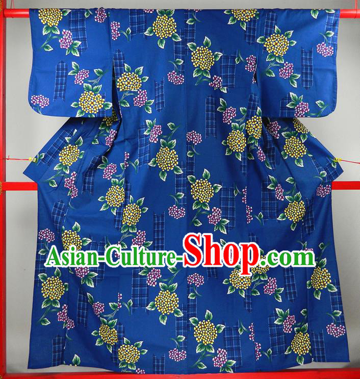 Japanese Young Woman Blue Yukata Dress Classical Hydrangea Pattern Tsukesage Kimono Clothing Traditional Festival Garment Costume