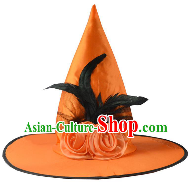 Handmade Cosplay Witch Feather Headwear Drama Performance Peaked Cap Halloween Headdress Dance Party Orange Hat