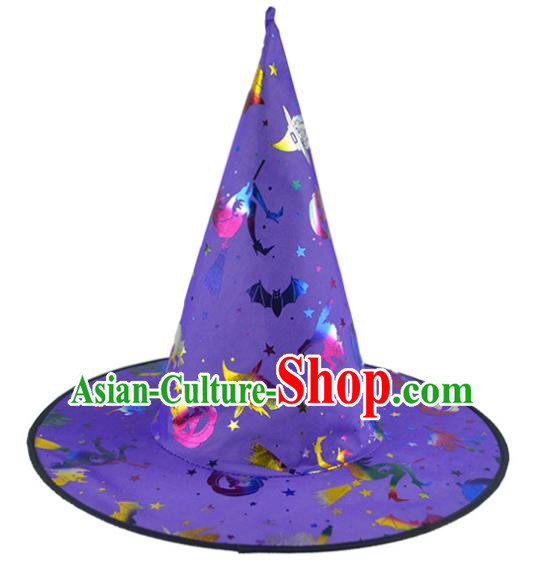 Handmade Cosplay Witch Headwear Stage Performance Peaked Cap Halloween Magic Headdress Fancy Party Purple Hat