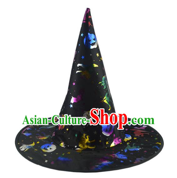 Handmade Halloween Performance Magic Headdress Fancy Party Black Hat Cosplay Witch Headwear Stage Show Peaked Cap