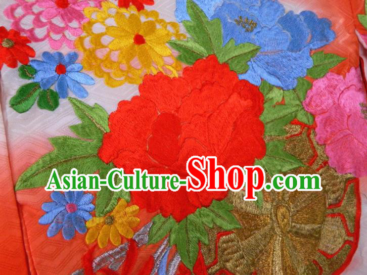 Japan Classical Peony Pattern Red Furisode Kimono Traditional Festival Yukata Dress Children Garment Costume