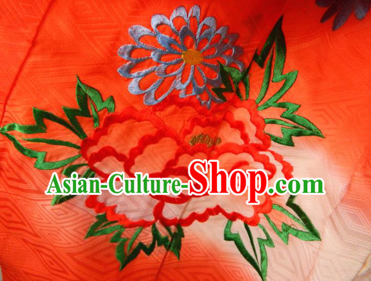 Japan Classical Peony Pattern Red Furisode Kimono Traditional Festival Yukata Dress Children Garment Costume