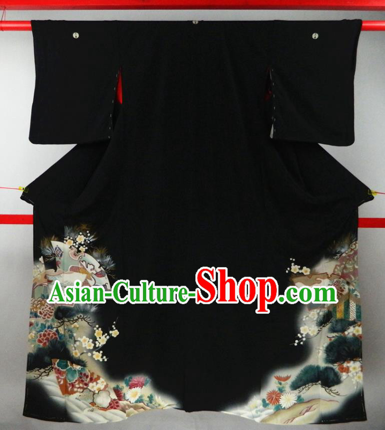Japanese Court Empress Black Yukata Dress Classical Pine Plum Peony Pattern Kurotomesode Kimono Clothing Traditional Wedding Garment Costume
