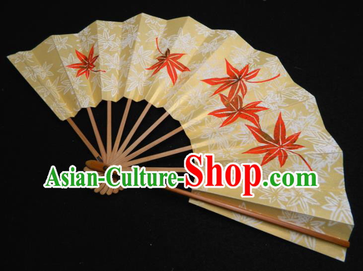 Japan Geisha Dance Yellow Fan Traditional Printing Maple Leaf Folding Fan Handmade Kimono Accordion Craft