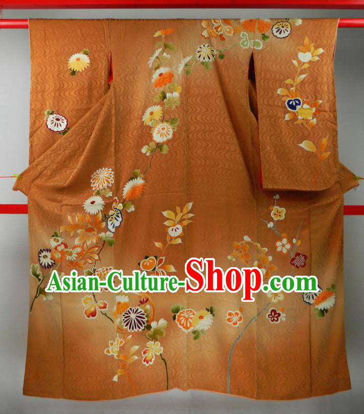 Japanese Classical Chrysanthemum Pattern Furisode Kimono Clothing Traditional Wedding Garment Costume Bride Orange Silk Yukata Dress