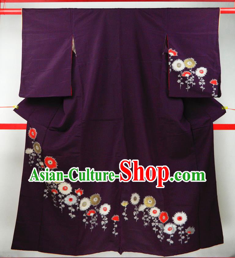 Japanese Traditional Festival Garment Costume Married Woman Purple Yukata Dress Classical Chrysanthemum Pattern Tsukesage Kimono Clothing