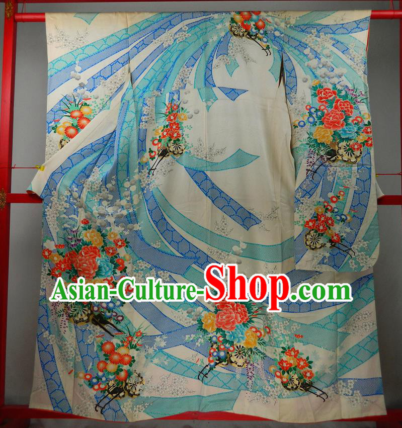 Japanese Classical Peony Chrysanthemum Pattern Furisode Kimono Clothing Traditional Festival Garment Costume Court Woman Yukata Dress