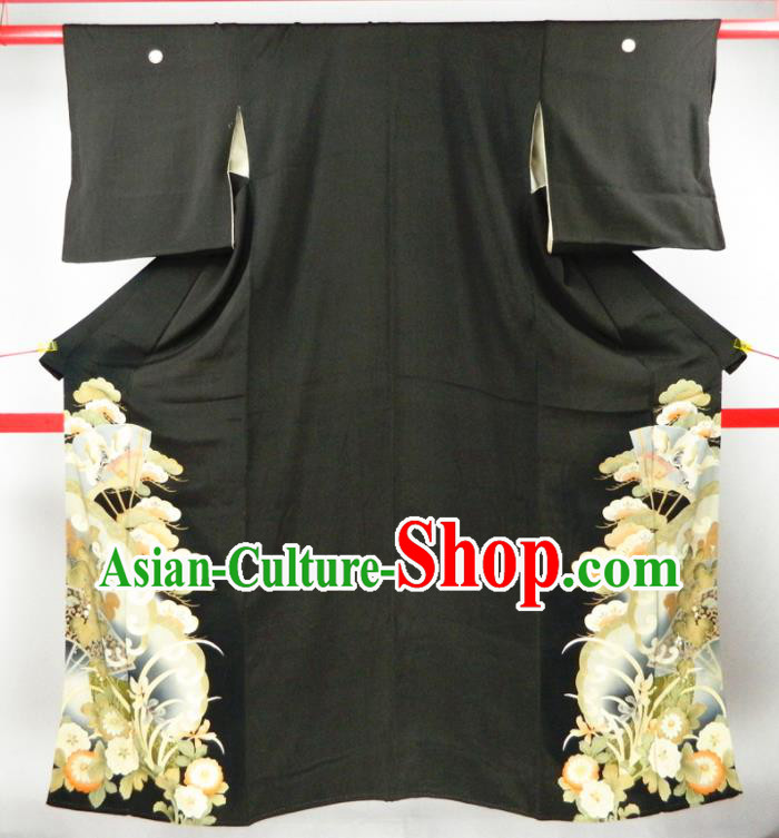 Japanese Classical Orchids Pattern Kurotomesode Kimono Clothing Traditional Married Woman Garment Costume Festival Black Yukata Dress