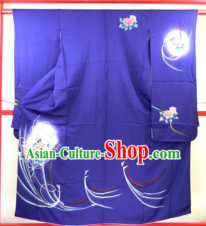 Japanese Classical Peacock Peony Pattern Deep Blue Yukata Dress Traditional Furisode Kimono Clothing Court Empress Garment Costume