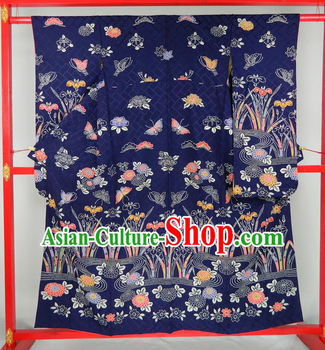 Japanese Traditional Furisode Kimono Clothing Court Empress Garment Costume Classical Orchids Butterfly Pattern Deep Blue Yukata Dress